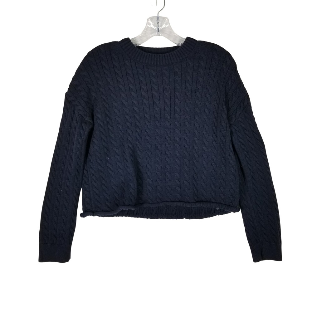 Massimo Dutti Sweater Womens Small Navy Blue Cable Knit Cotton Cropped Pullover